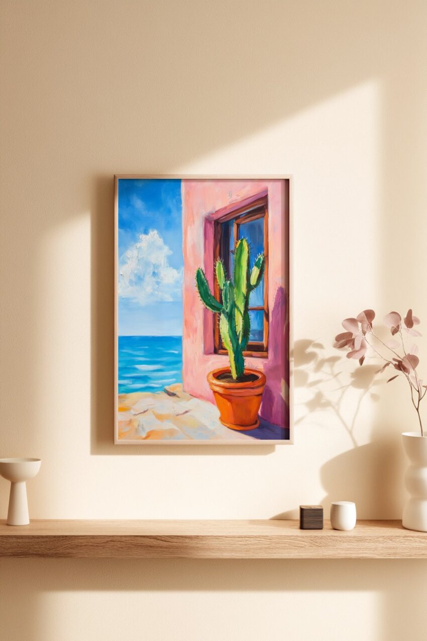 Malerei Poster Kaktus grün rosa mediterran