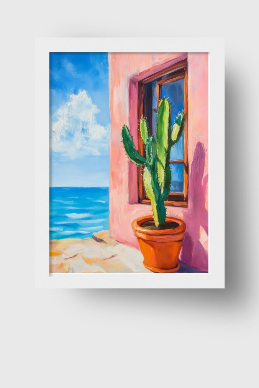 Malerei Poster Kaktus grün rosa mediterran