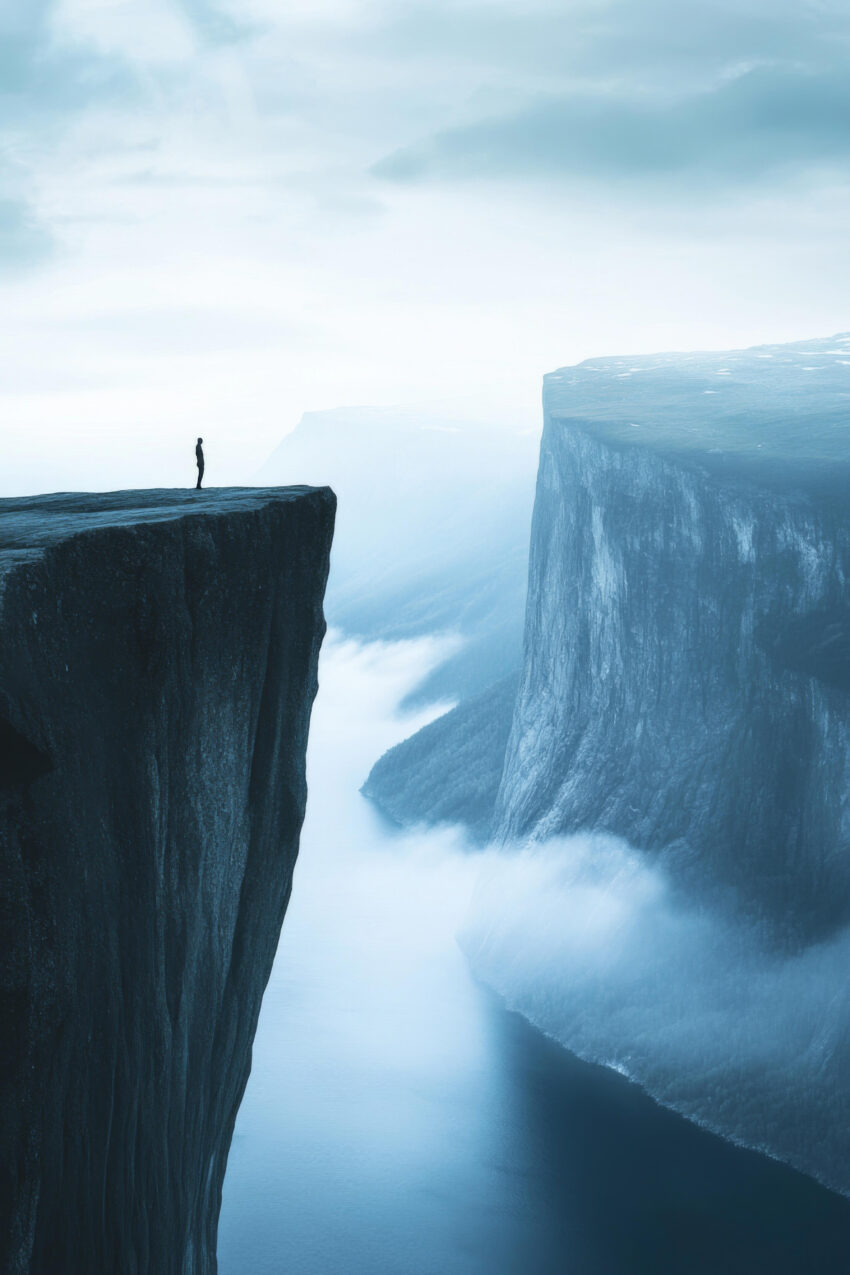 Fotografie Poster Felsenklippe Person Nebel blau