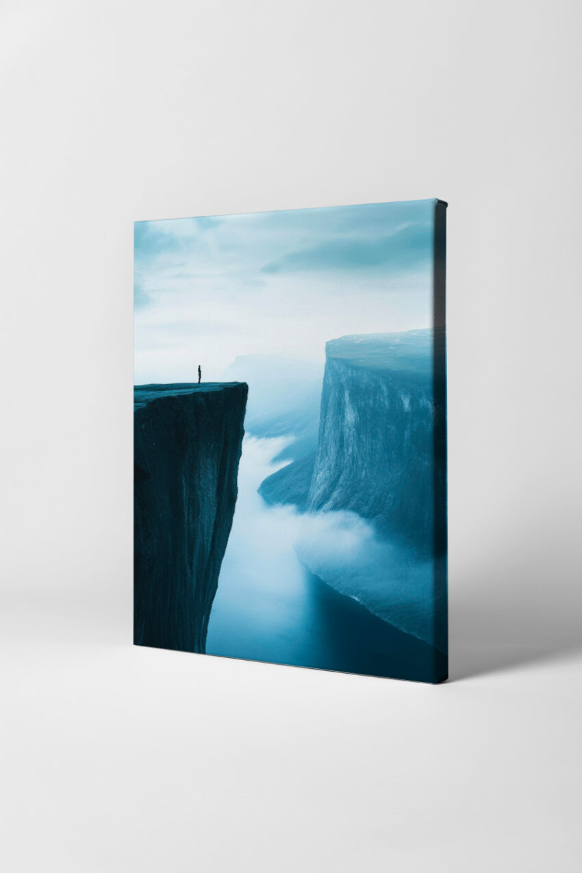 Fotografie Poster Felsenklippe Person Nebel blau