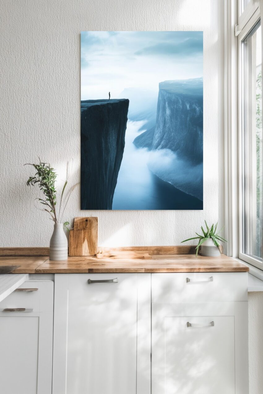 Fotografie Poster Felsenklippe Person Nebel blau