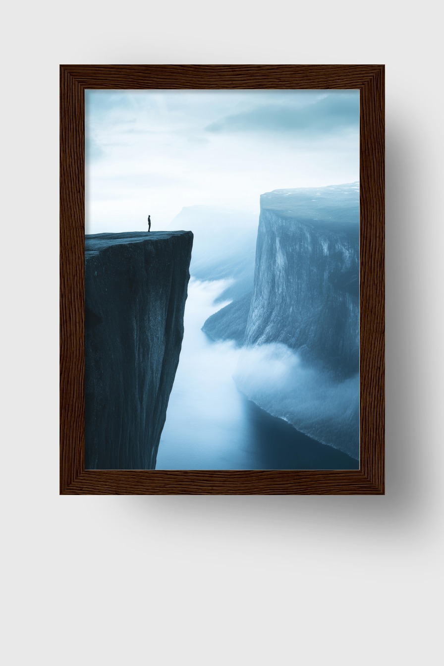 Fotografie Poster Felsenklippe Person Nebel blau