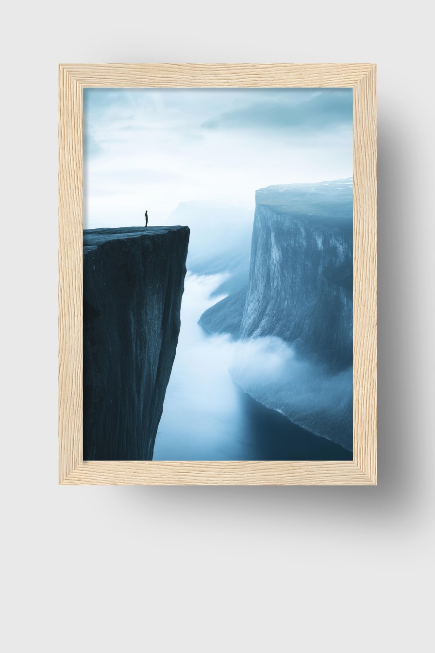 Fotografie Poster Felsenklippe Person Nebel blau