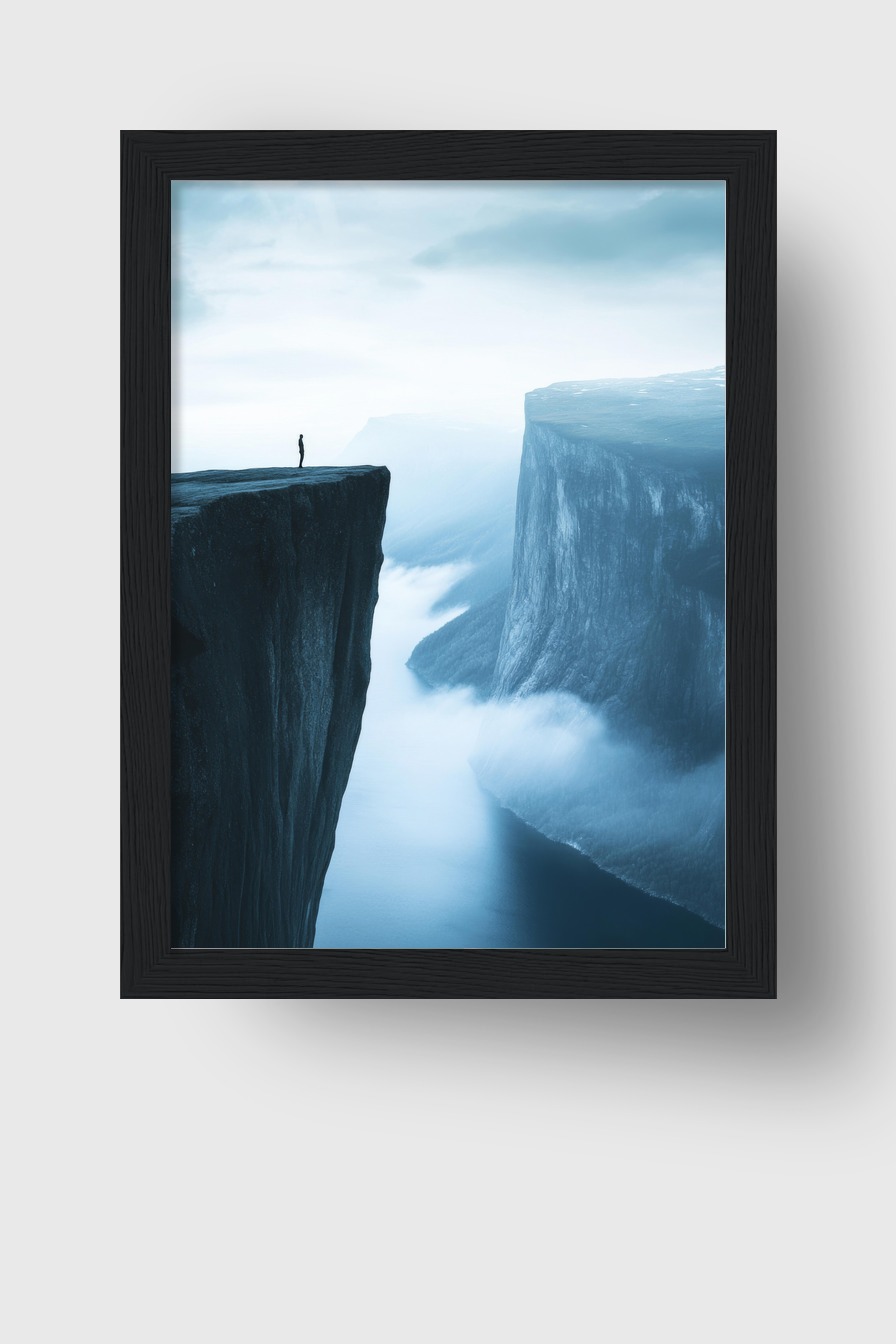 Fotografie Poster Felsenklippe Person Nebel blau