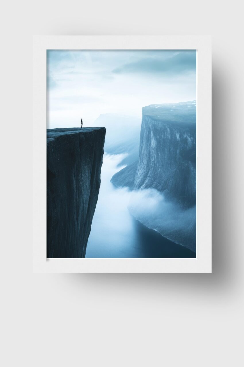 Fotografie Poster Felsenklippe Person Nebel blau
