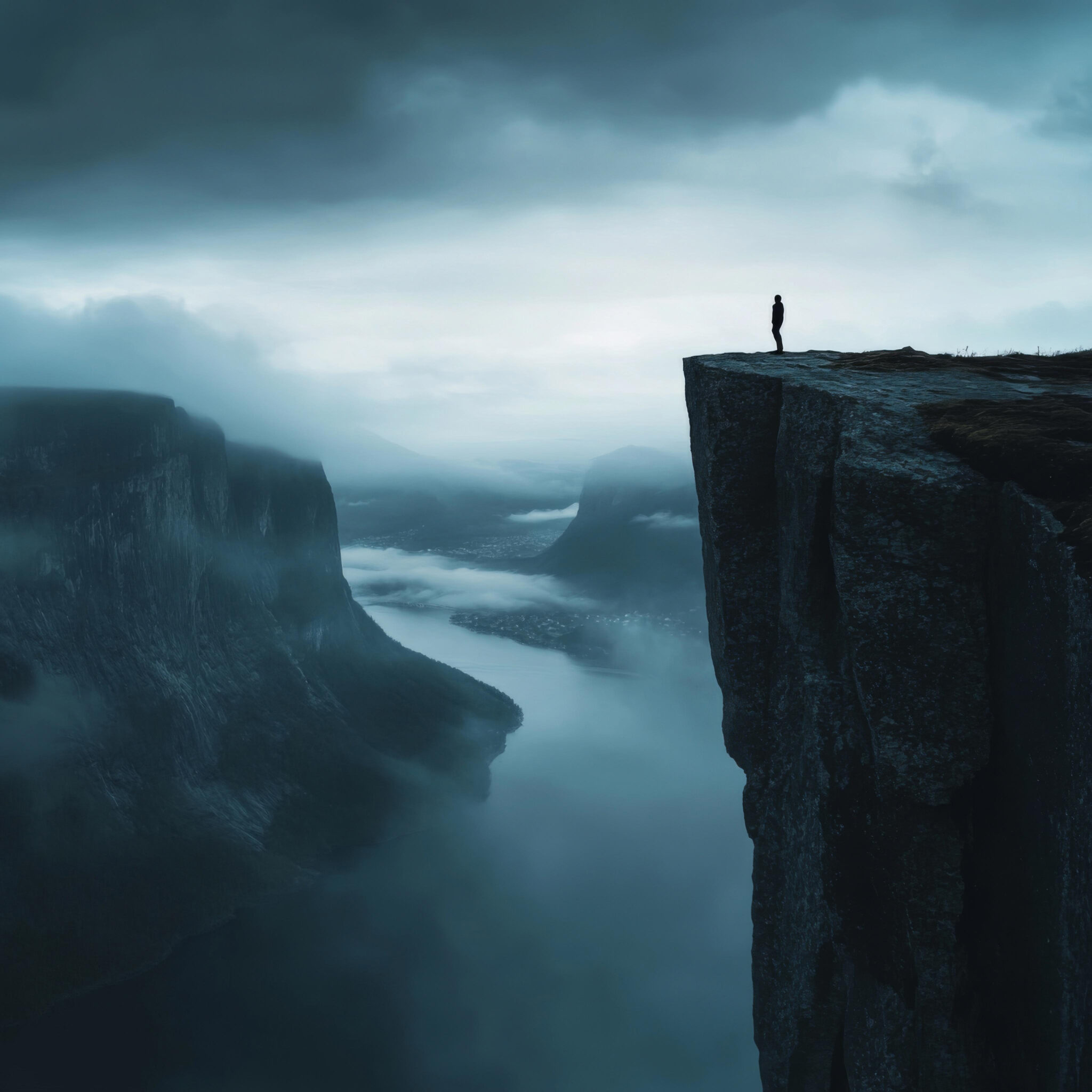 Fotografie Poster Mann Felsklippe neblig düster