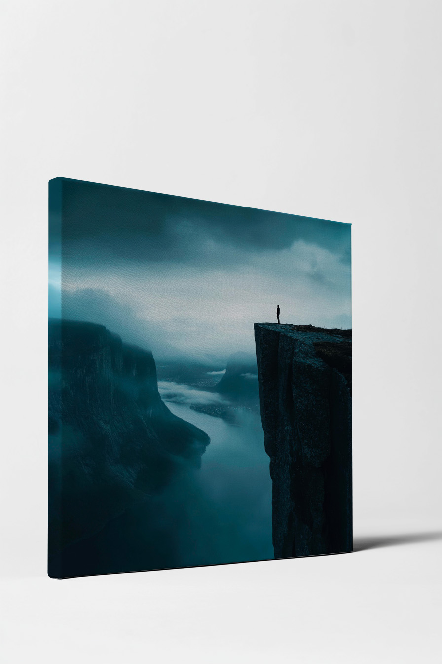 Fotografie Poster Mann Felsklippe neblig düster
