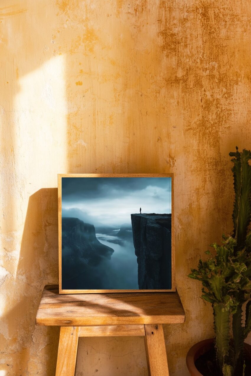 Fotografie Poster Mann Felsklippe neblig düster