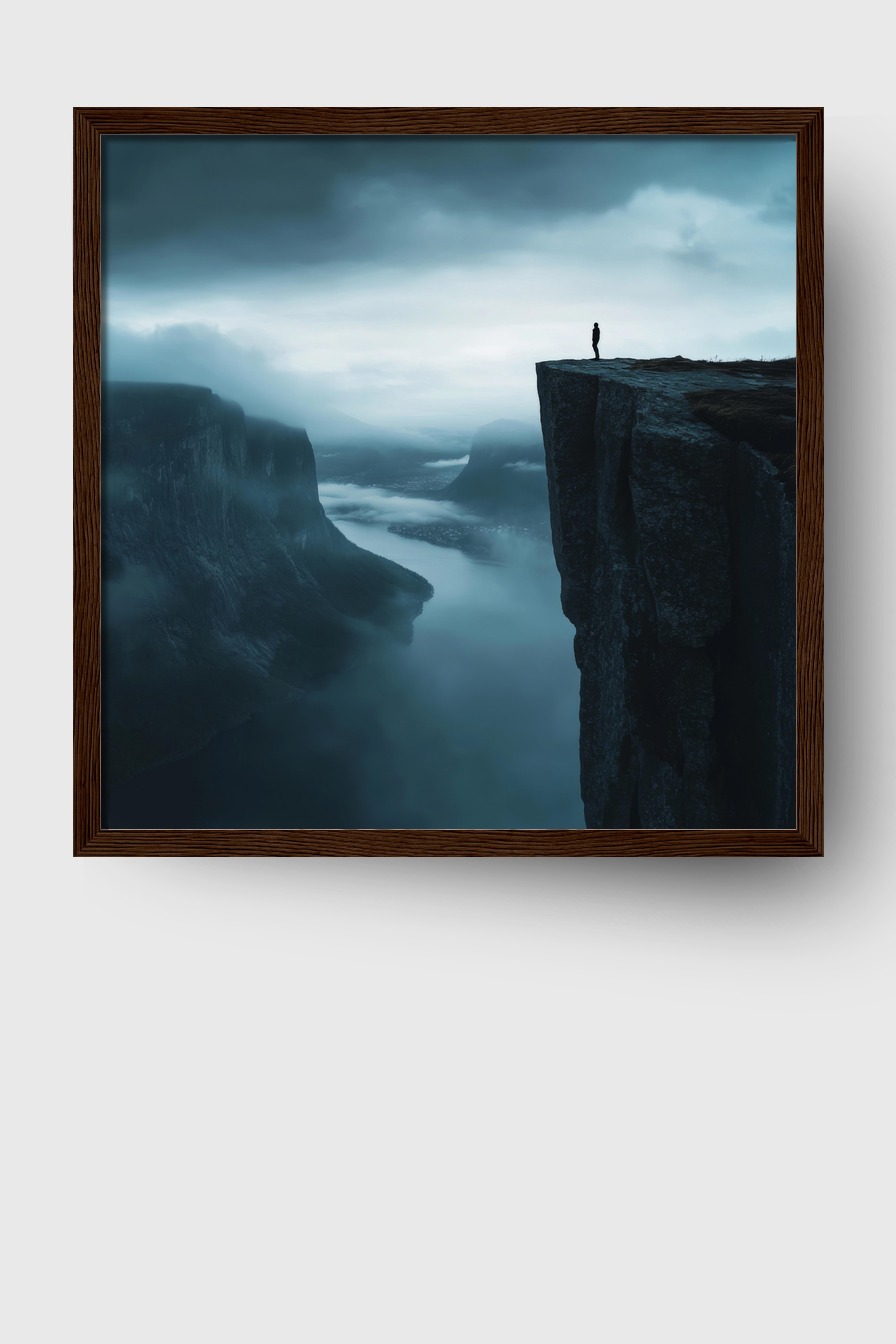 Fotografie Poster Mann Felsklippe neblig düster