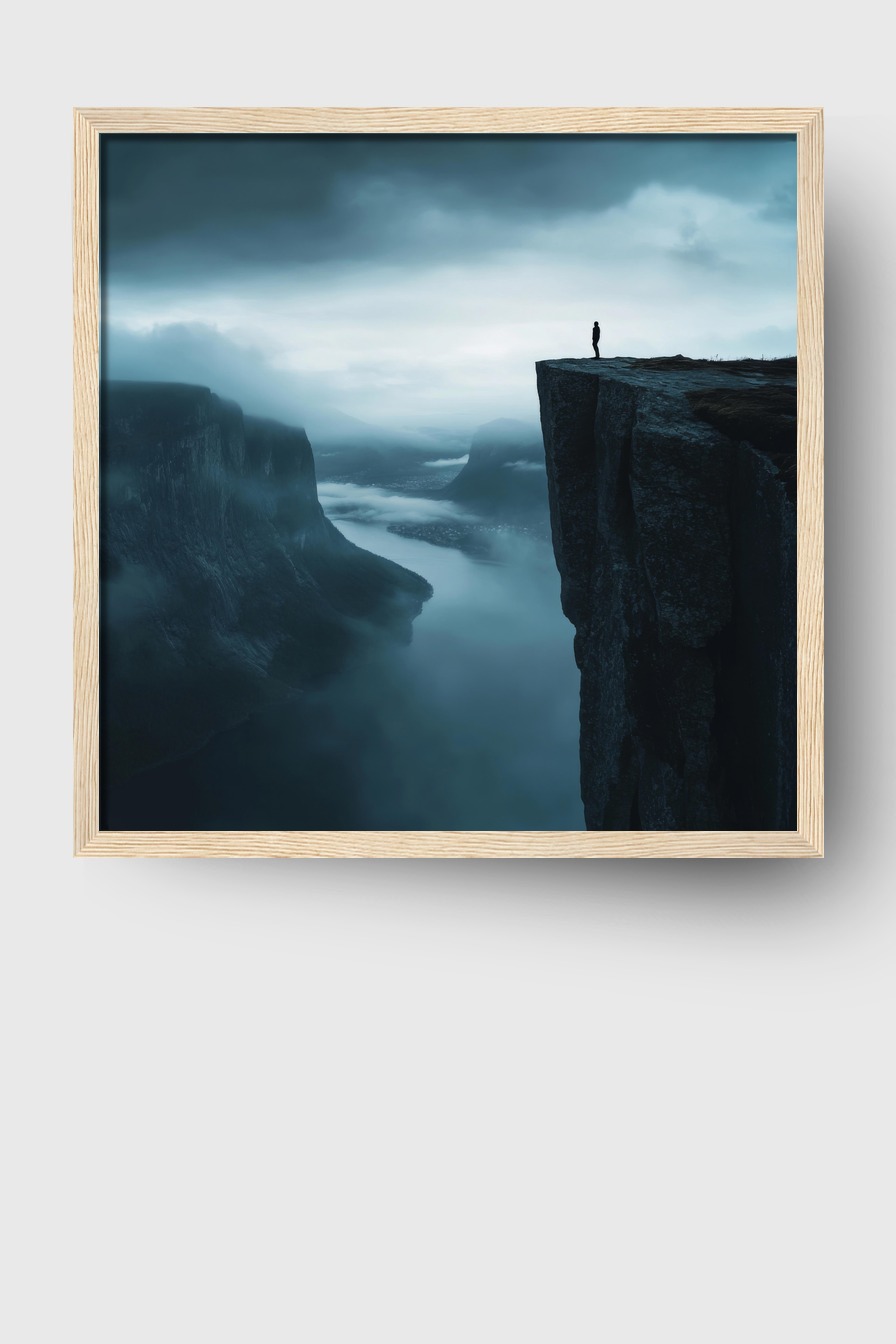 Fotografie Poster Mann Felsklippe neblig düster