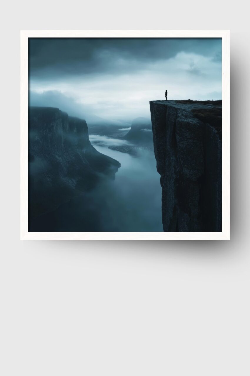 Fotografie Poster Mann Felsklippe neblig düster