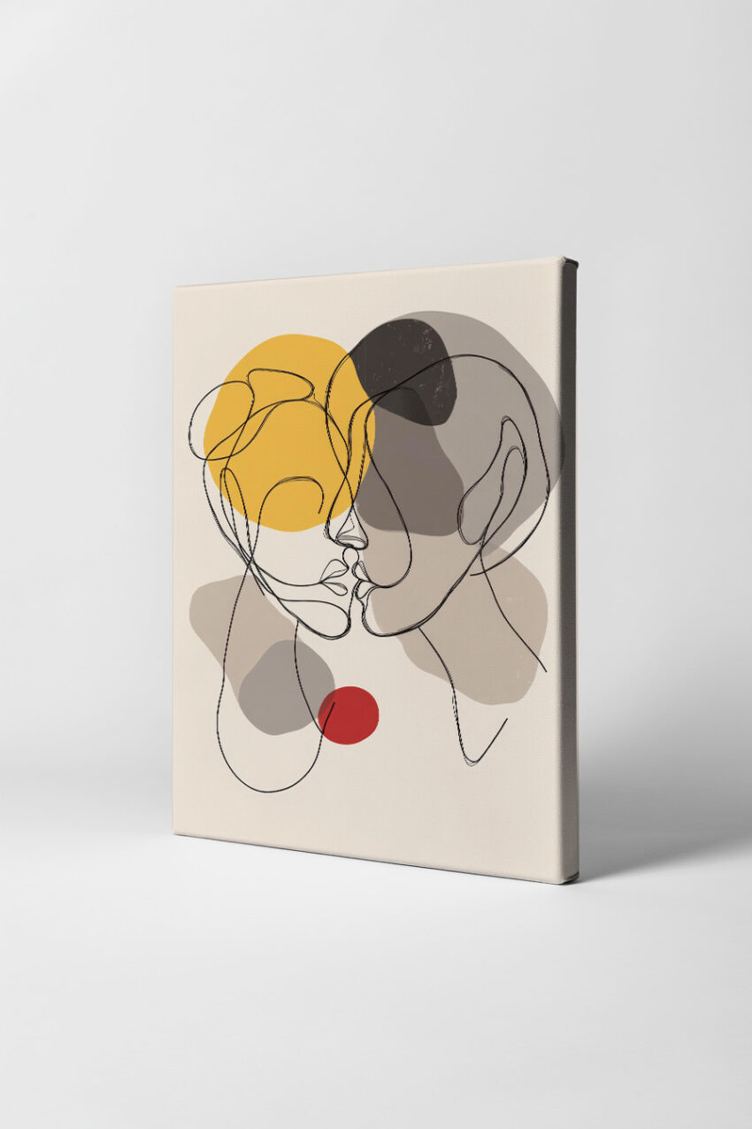 Illustration Poster Paar Gesicht abstrakt Linien Farbkreise gelb rot grau
