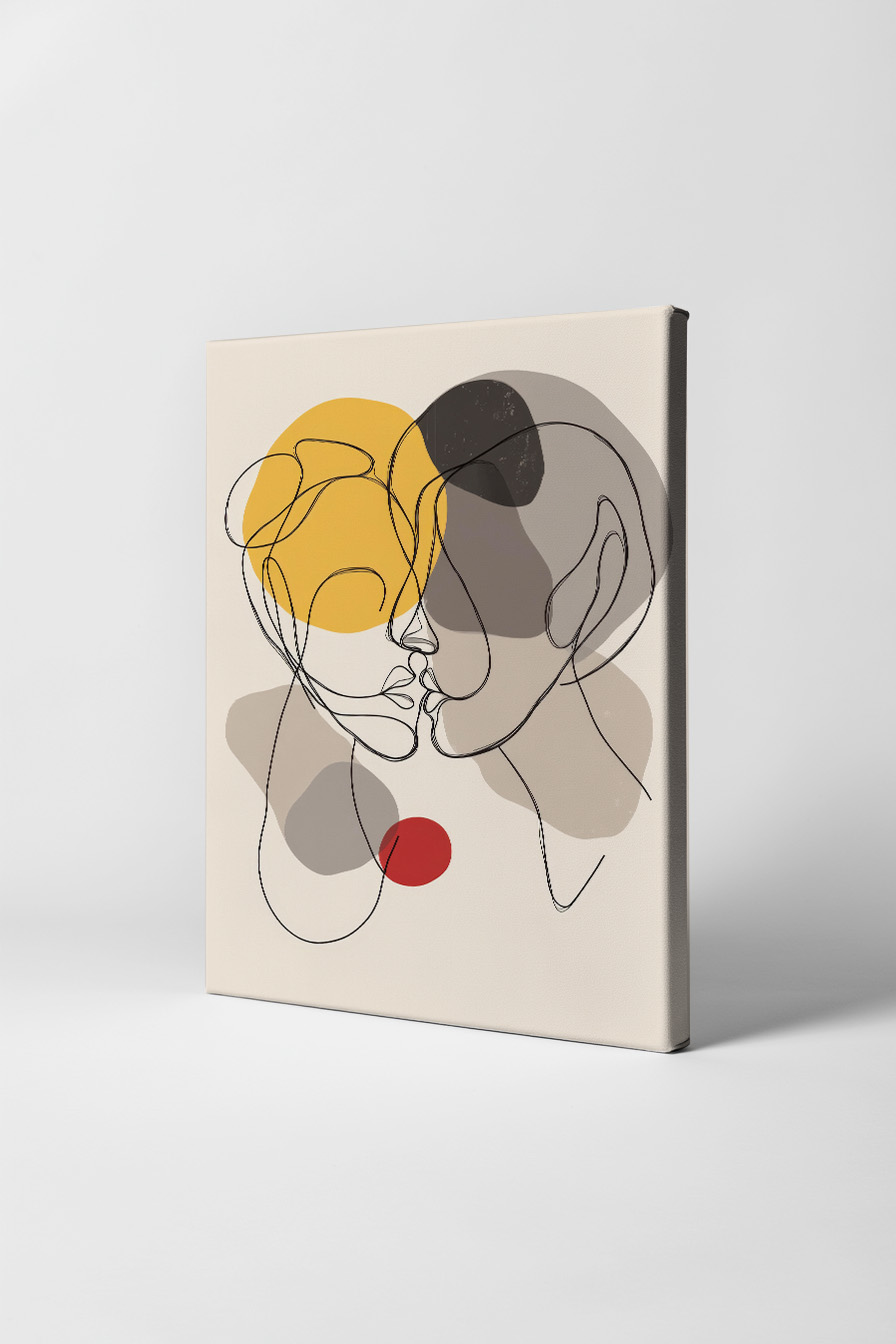 Illustration Poster Paar Gesicht abstrakt Linien Farbkreise gelb rot grau
