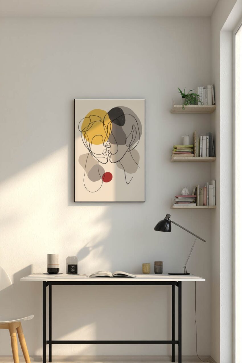 Illustration Poster Paar Gesicht abstrakt Linien Farbkreise gelb rot grau
