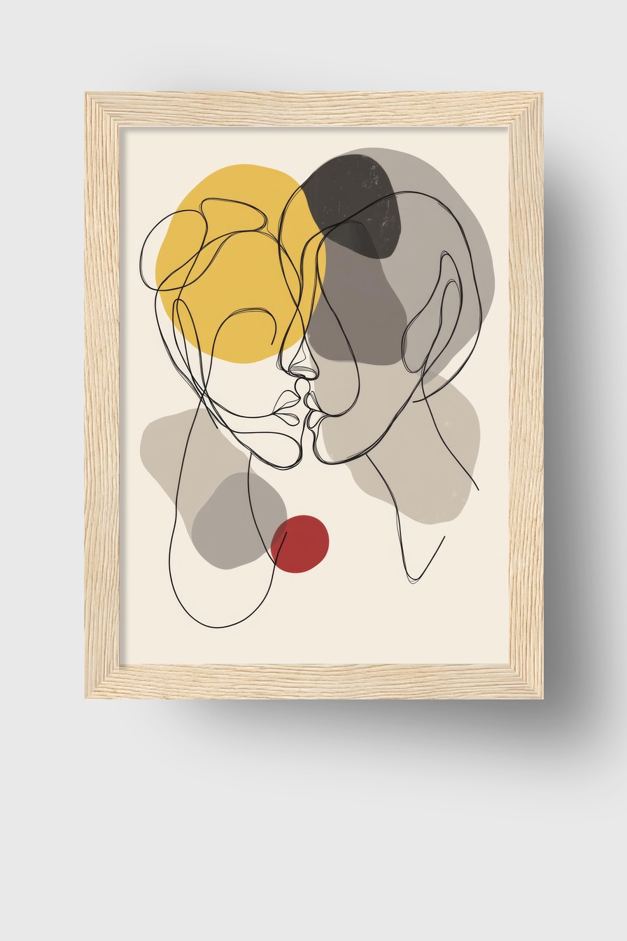 Illustration Poster Paar Gesicht abstrakt Linien Farbkreise gelb rot grau