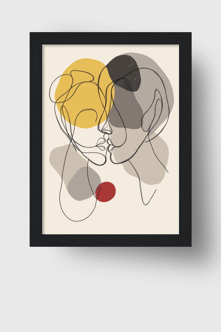 Illustration Poster Paar Gesicht abstrakt Linien Farbkreise gelb rot grau