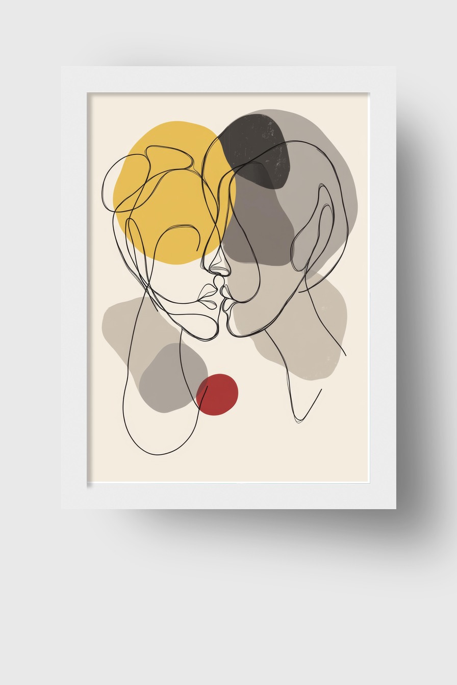 Illustration Poster Paar Gesicht abstrakt Linien Farbkreise gelb rot grau