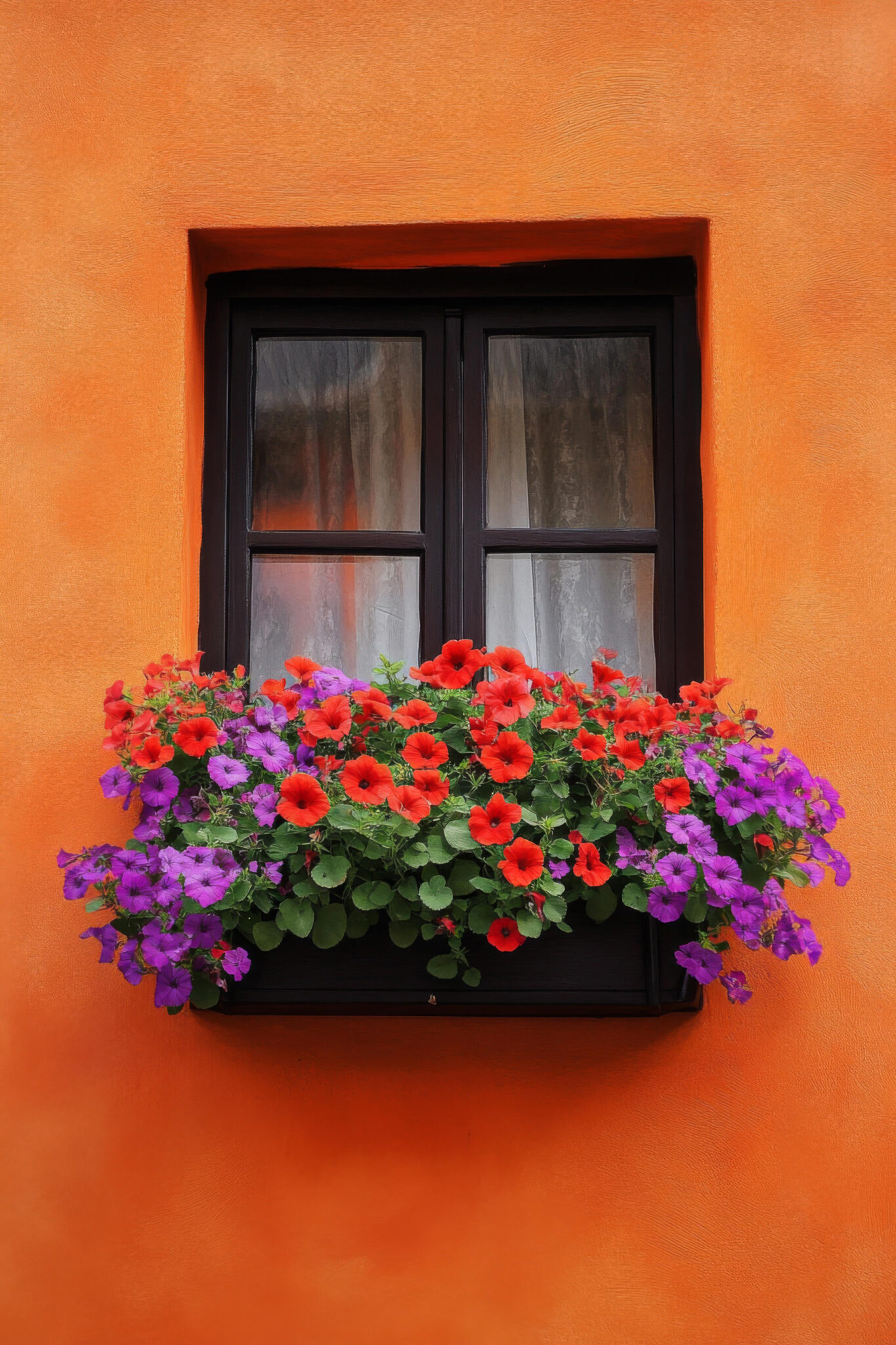 Fotografie Poster Fenster Blumen rot violett orange