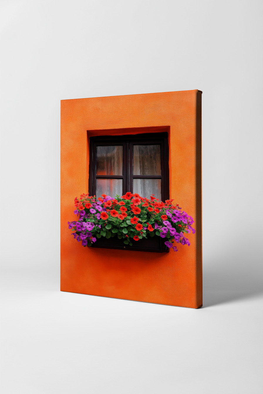 Fotografie Poster Fenster Blumen rot violett orange