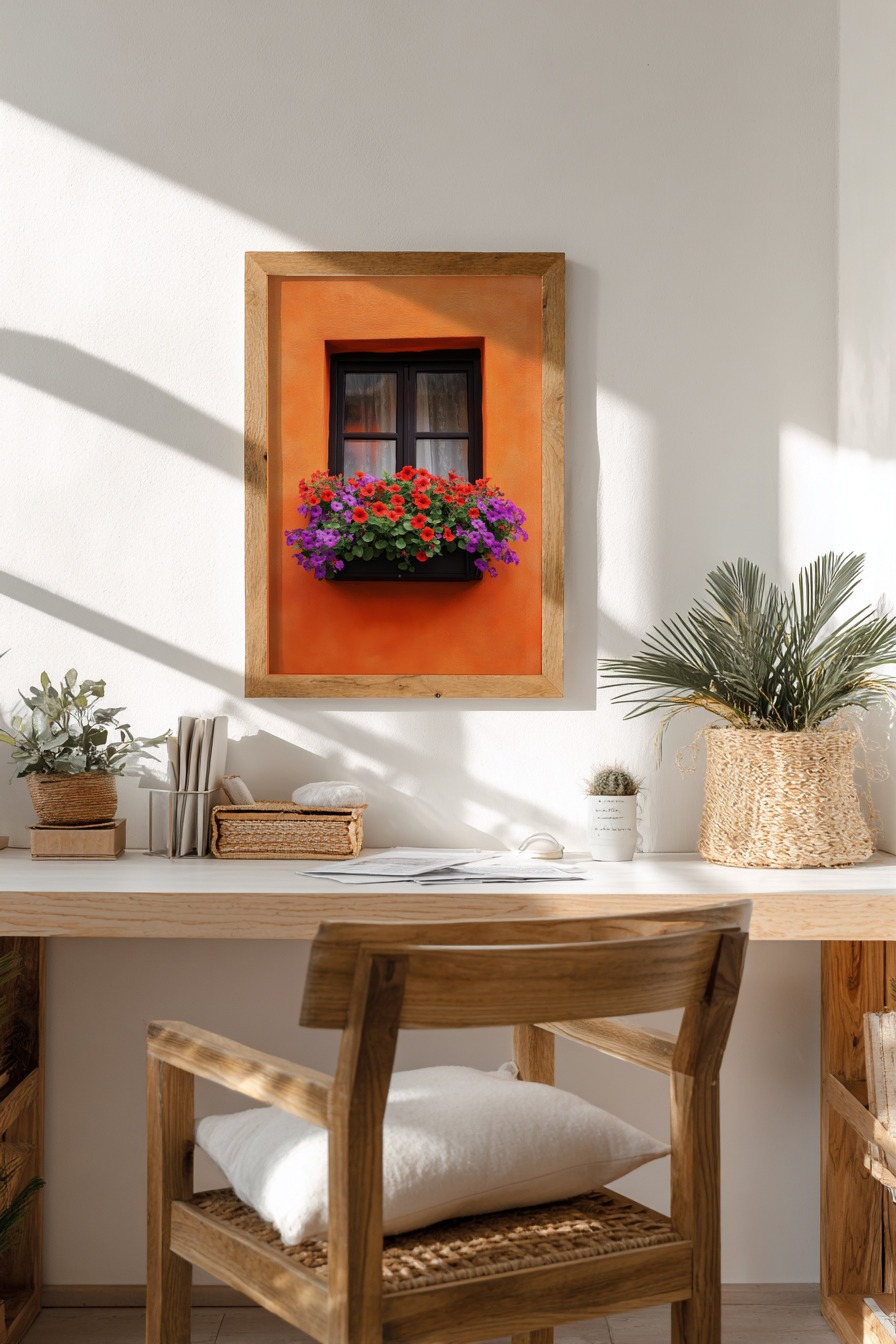 Fotografie Poster Fenster Blumen rot violett orange