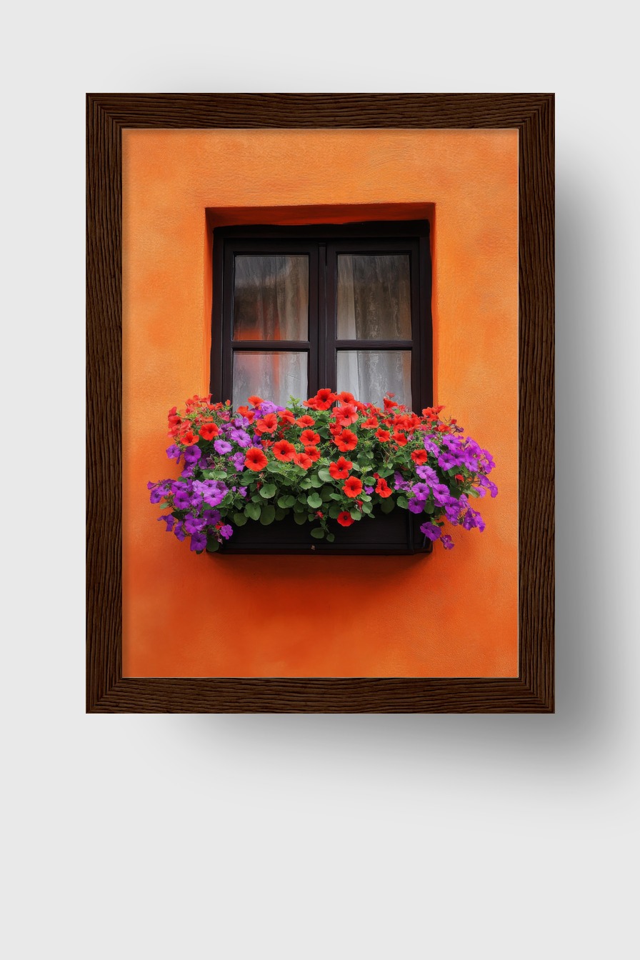 Fotografie Poster Fenster Blumen rot violett orange