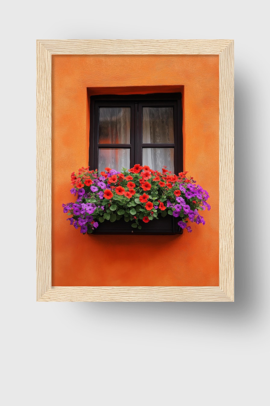 Fotografie Poster Fenster Blumen rot violett orange