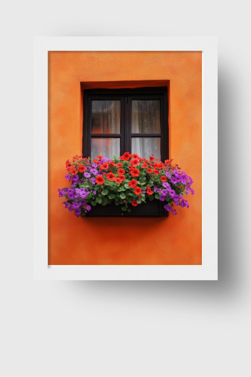 Fotografie Poster Fenster Blumen rot violett orange