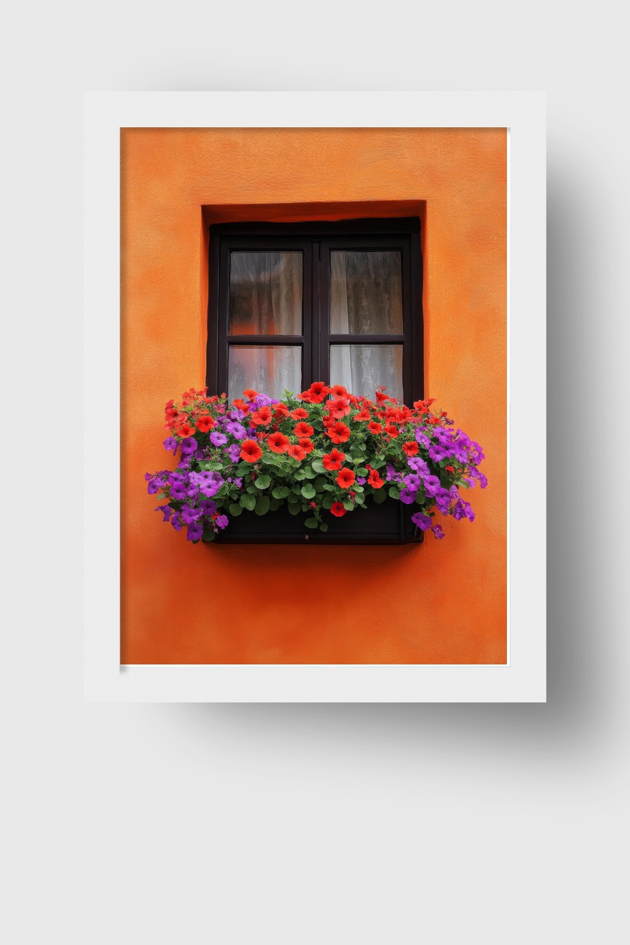 Fotografie Poster Fenster Blumen rot violett orange