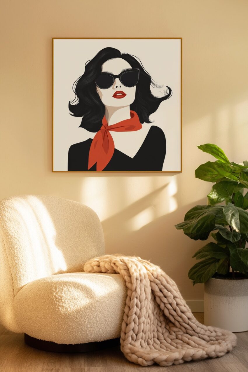 Illustration Poster Frau rote Lippen schwarz-weiß minimalistisch