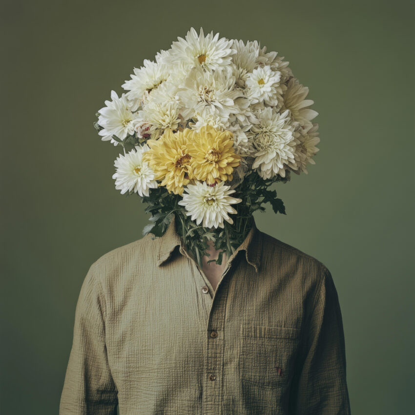 Fotografie Poster Blumenkopf surreal gelb weiß