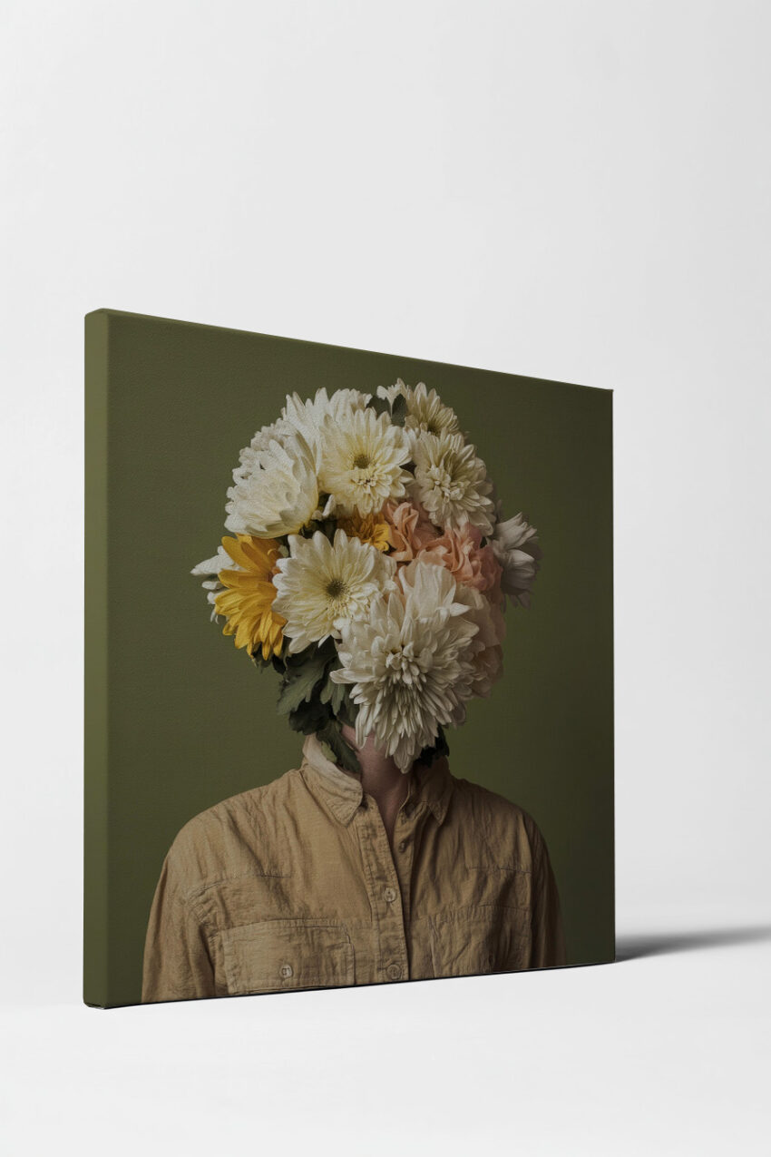 Fotografie Poster Blumenkopf surreal beige gelb