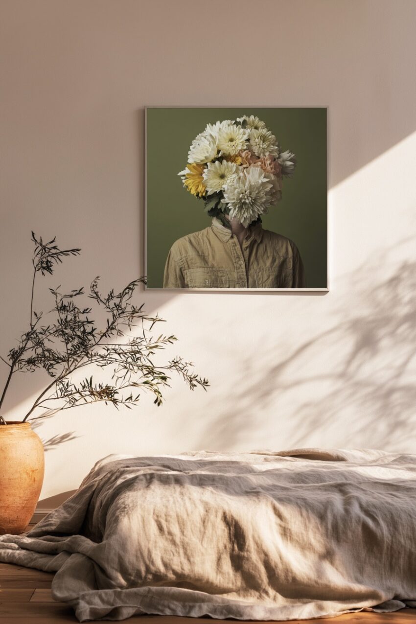 Fotografie Poster Blumenkopf surreal beige gelb