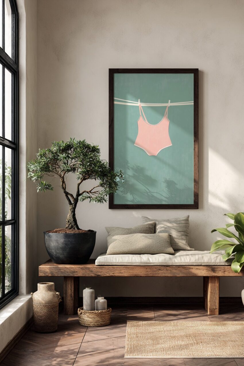 Illustration Poster Badeanzug Wäscheleine minimalistisch rosa