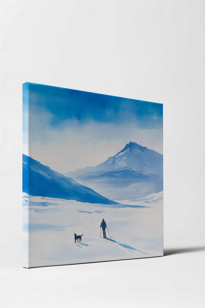 Aquarell Poster Skifahrer Hund Schatten winterlich blau weiß