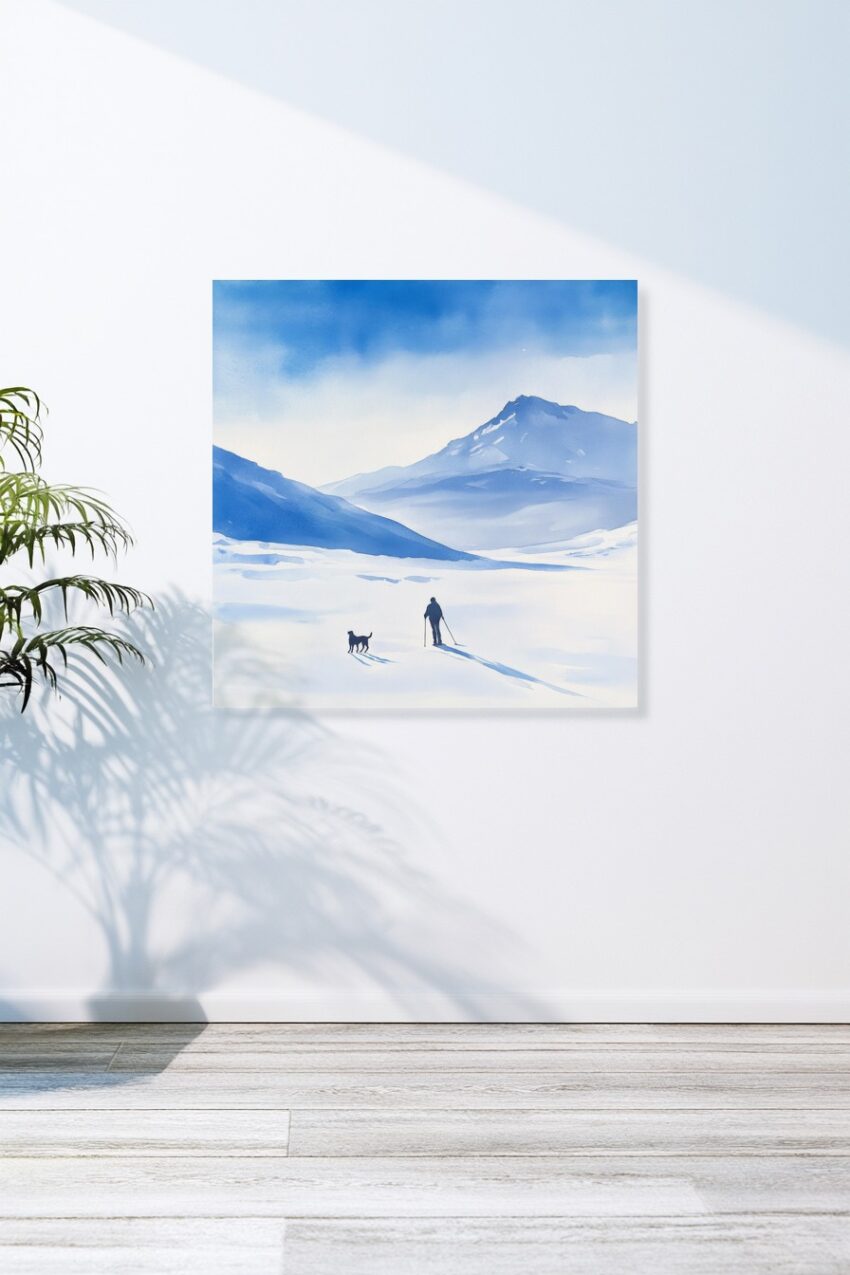 Aquarell Poster Skifahrer Hund Schatten winterlich blau weiß