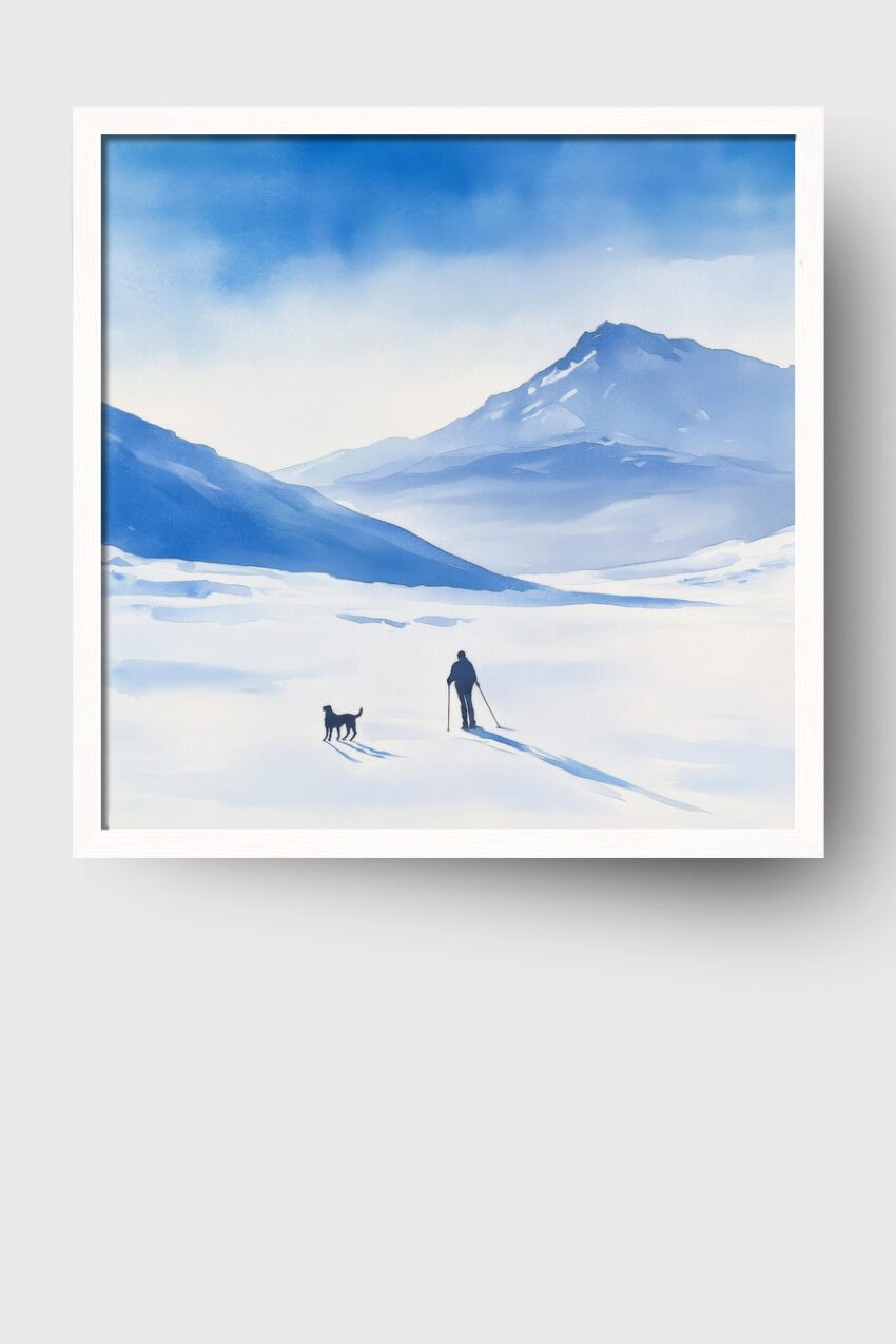 Aquarell Poster Skifahrer Hund Schatten winterlich blau weiß