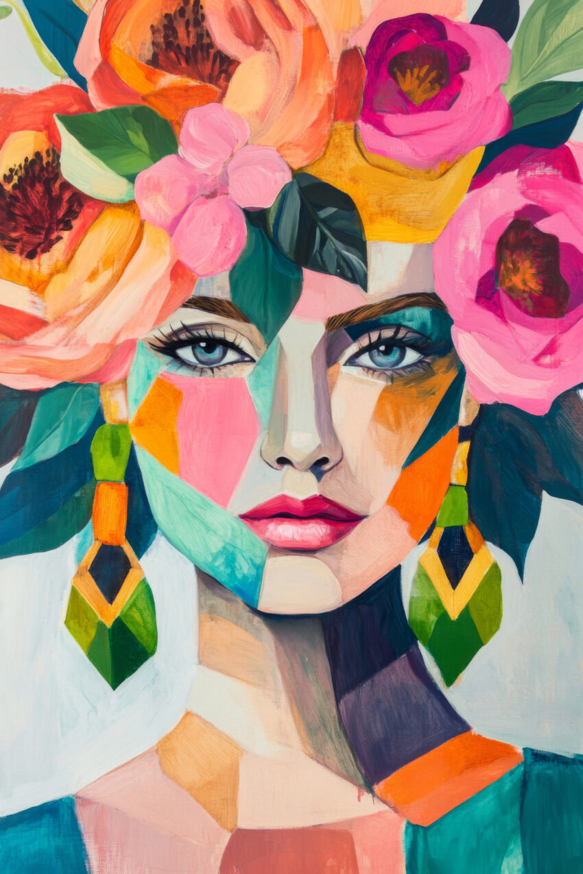 Illustration Poster Frau bunt mit Blumenkranz farbig