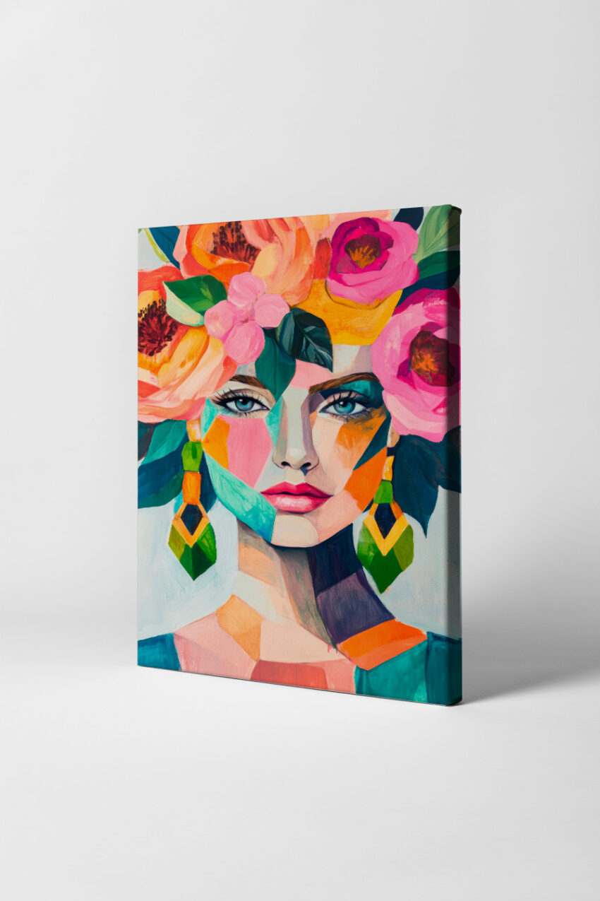 Illustration Poster Frau bunt mit Blumenkranz farbig