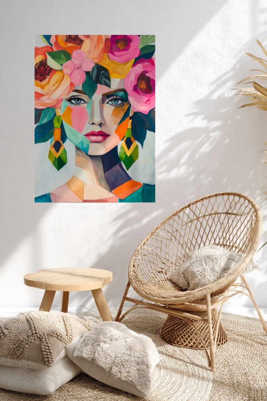 Illustration Poster Frau bunt mit Blumenkranz farbig