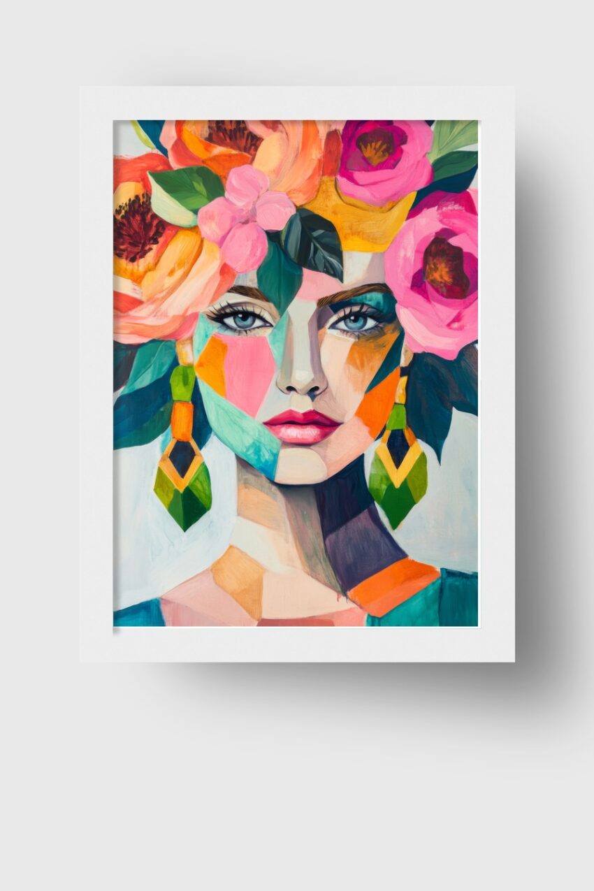 Illustration Poster Frau bunt mit Blumenkranz farbig