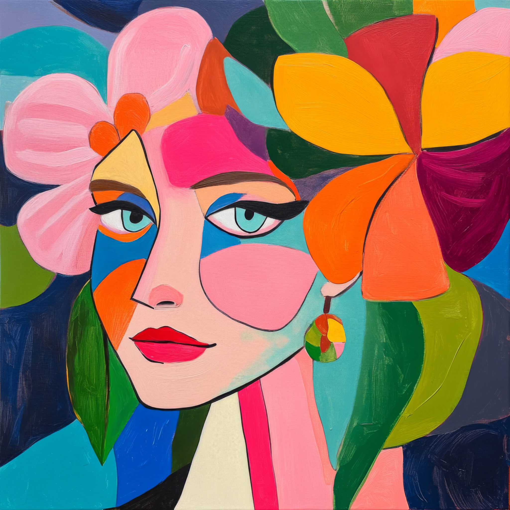 Digitale Kunst Poster Frau bunter Kopfputz farbenfroh florale Elemente