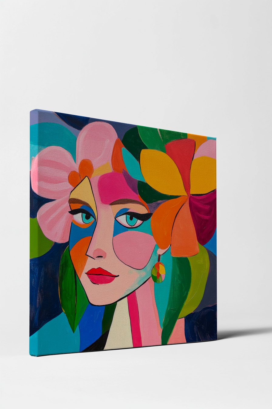 Digitale Kunst Poster Frau bunter Kopfputz farbenfroh florale Elemente