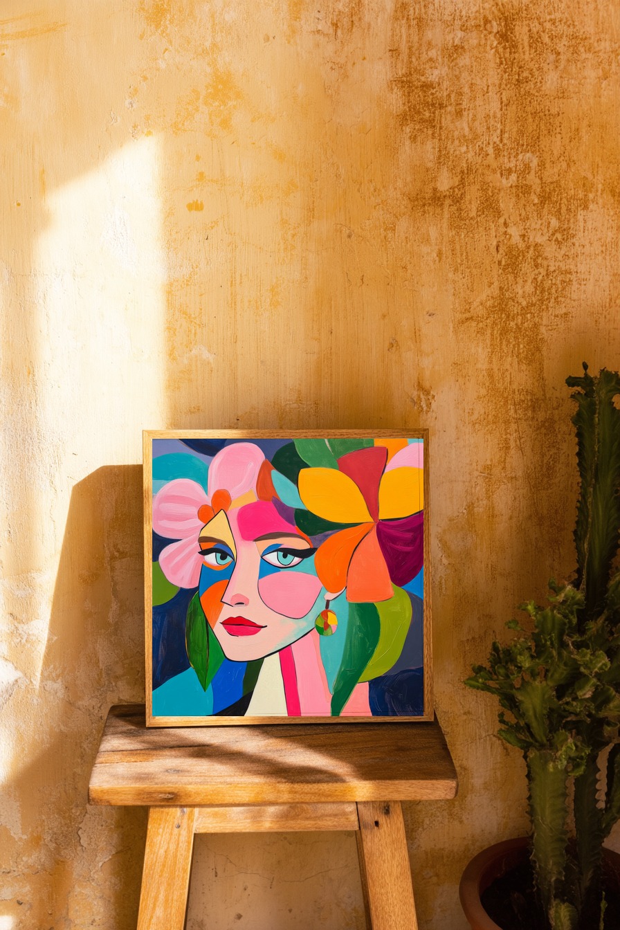 Digitale Kunst Poster Frau bunter Kopfputz farbenfroh florale Elemente