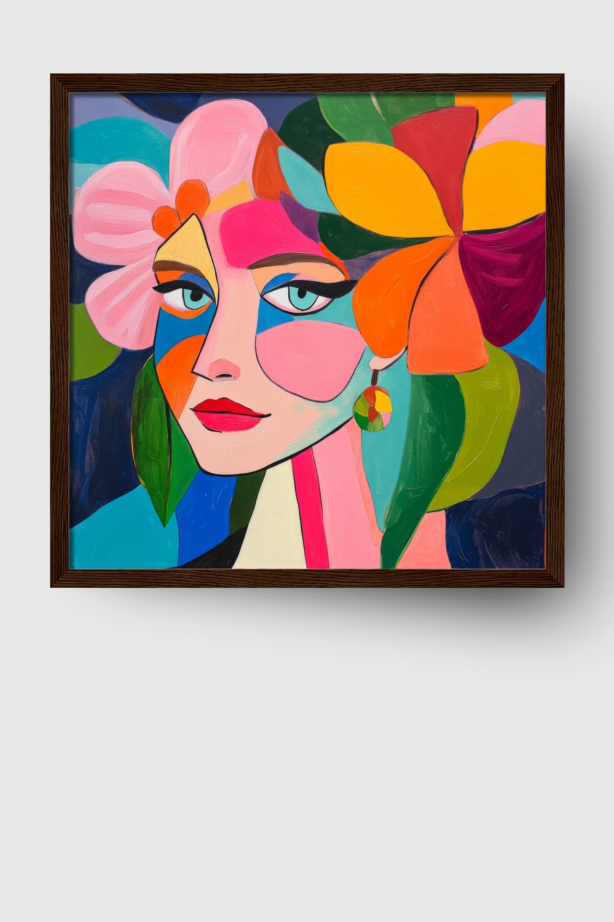 Digitale Kunst Poster Frau bunter Kopfputz farbenfroh florale Elemente