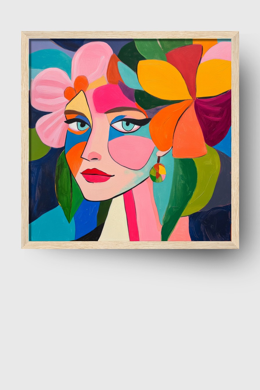 Digitale Kunst Poster Frau bunter Kopfputz farbenfroh florale Elemente