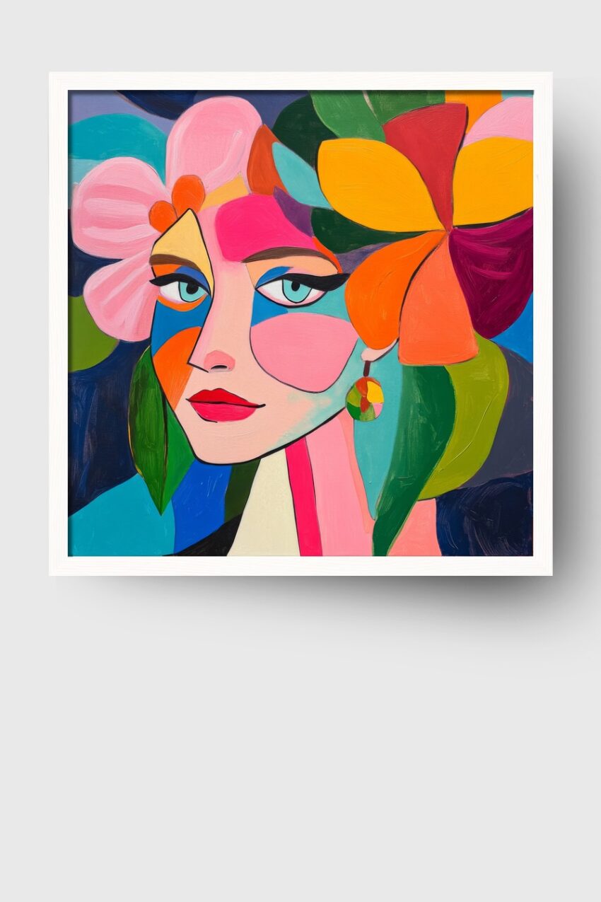 Digitale Kunst Poster Frau bunter Kopfputz farbenfroh florale Elemente