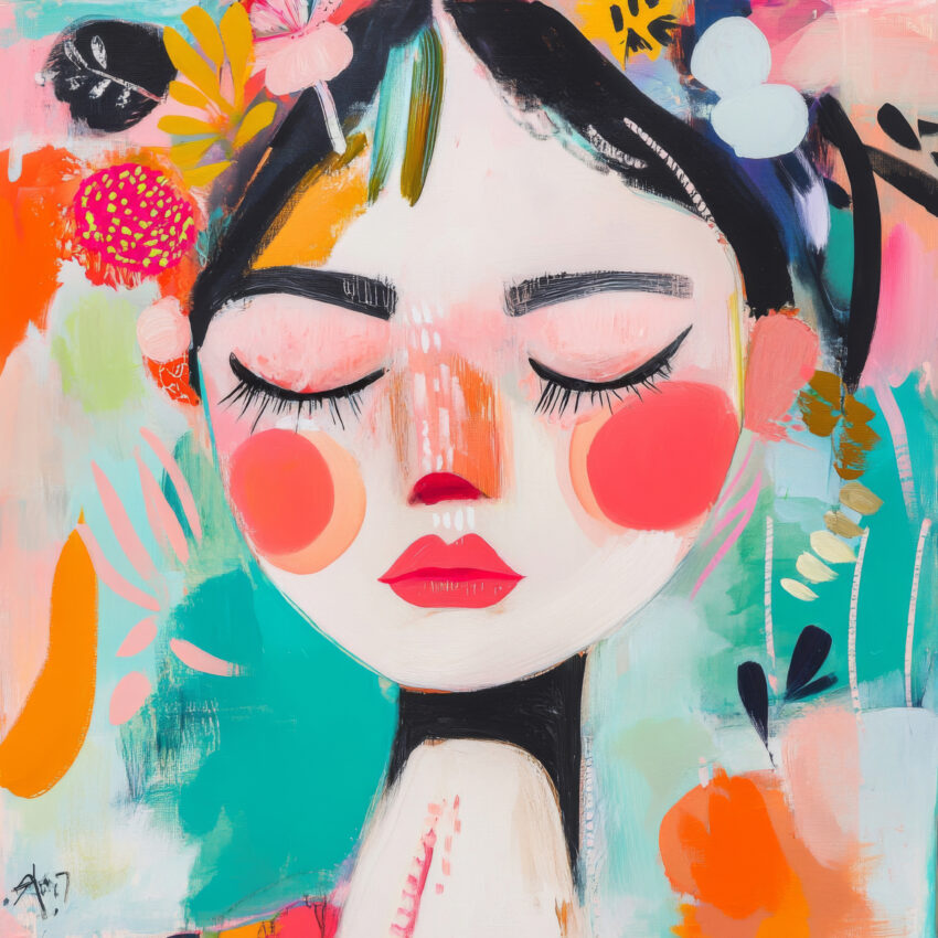 Illustration Poster Frau Gesicht bunt geschlossen rote Wangen