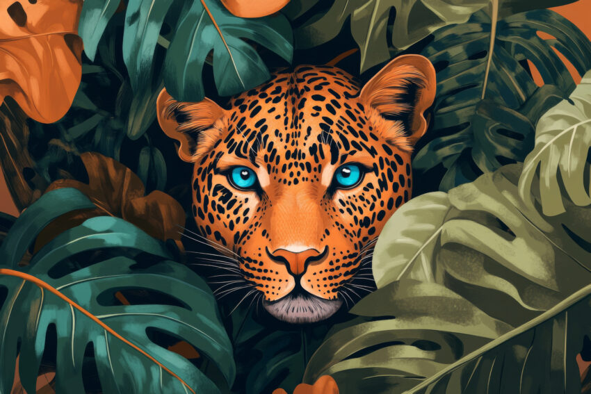 Illustration Poster Leopard Blick blau orangetöne grün