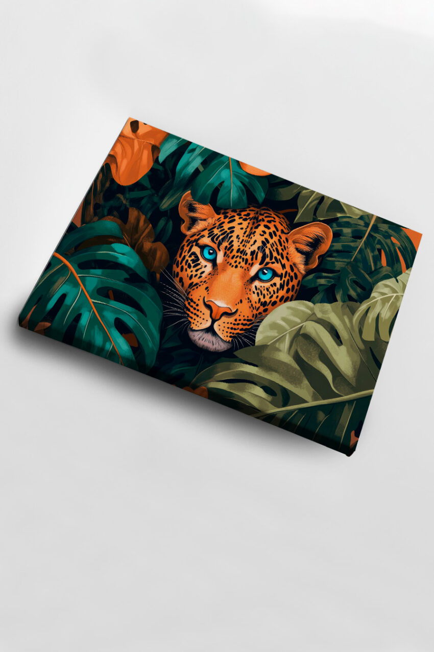 Illustration Poster Leopard Blick blau orangetöne grün