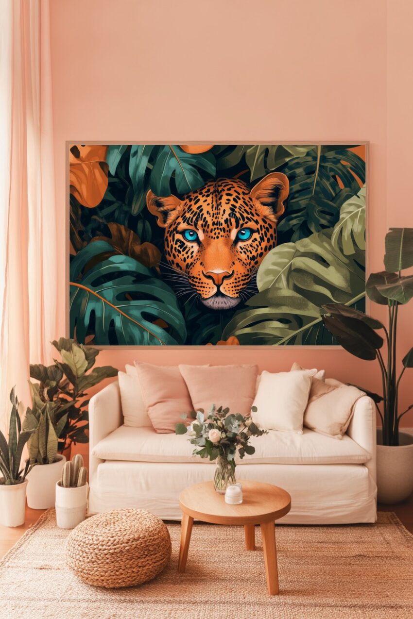 Illustration Poster Leopard Blick blau orangetöne grün